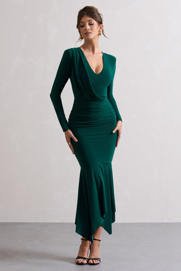 Milena Bottle Green Plunge-Neck Maxi Dress With Draped Hem
